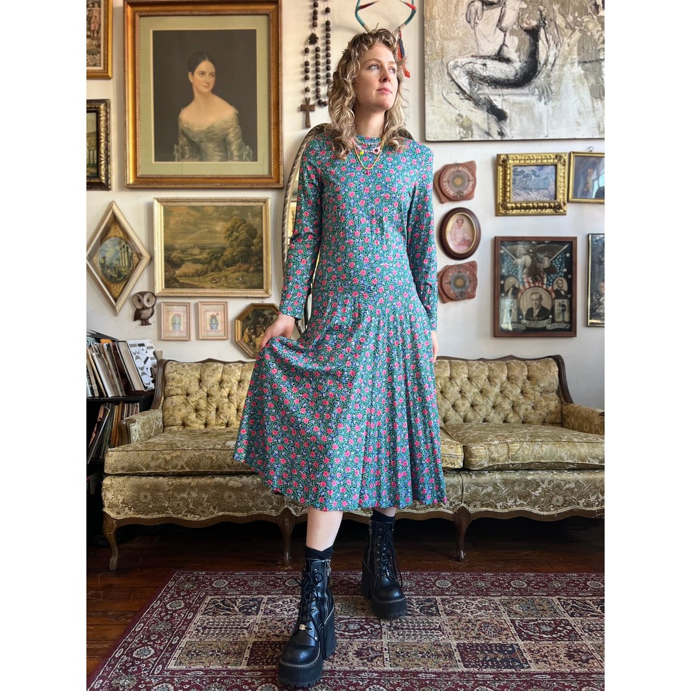 Vintage Blue Floral All over Print Long Sleeve Maxi Dress Size Small